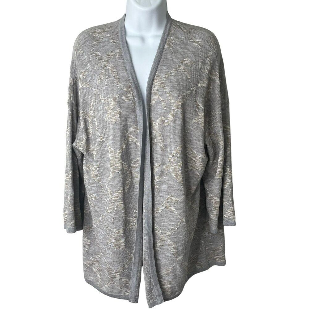Pure Jill Women's Size L Long Cardigan Duster Delicate Open Front Gray Beige